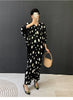 Balck Dot Printting Pleated Women's Dress V Collar Batwing Sleeve Mid-Length Mermaid Dresses 2DB6625