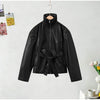 Broad Shoulders Lace up Leather Jacket Lady Zipper Solid Color Long Sleeve Loose Casual Coats Street Women's Jackets