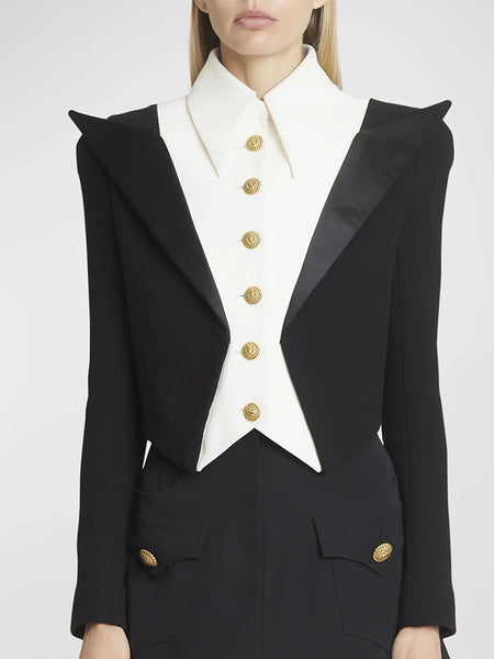 High Street Designer Jacket Women's Black White Color Block Double Collars Cropped Blazer