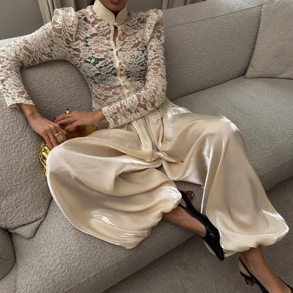 Loose Satin Lantern Pants High Waist Elastic Crepe Loose Bloomers Elegant Long High Waist Trousers Women