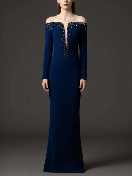 High Street Designer Vestido Women's Diamonds Beaded Slash Neck Off The Shoulders Long Maxi Dress