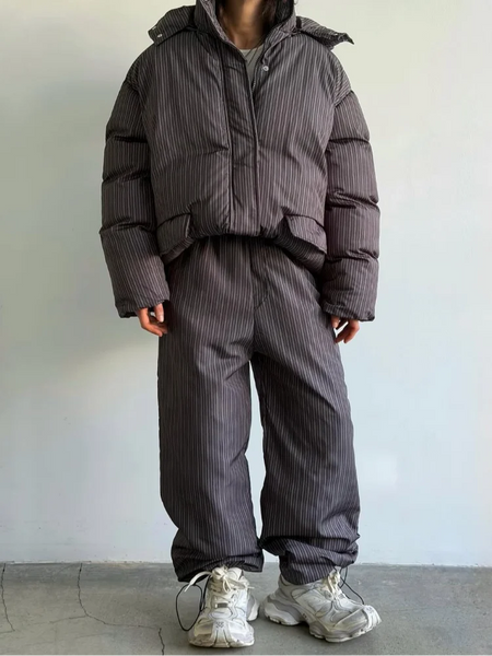 Striped Cotton Jacket Two‑piece Set Women Hooded Zip‑up Coat Wide‑leg Pants Suit Autumn Winter Daily Commute Outfit