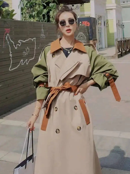 Trench Coat Women's Chic Splicing Color Block Lapel Double Breasted Long Windbreaker Belt Coat Spring 2DA1718