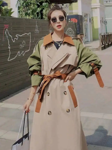 Trench Coat Women's Chic Splicing Color Block Lapel Double Breasted Long Windbreaker Belt Coat Spring 2DA1718