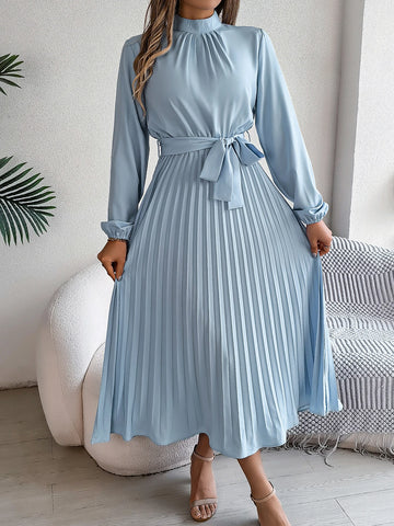Elegant Solid Color Mock Neck Long Sleeve Belted A-line Pleated Dress, Women's Clothing