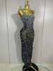 Women Sparkly Diamonds Mesh Sheer Stretch Long Dress Eveing Celebrate Birthday Party Nightclub Sexy Stage Costume