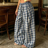 Women Vintage Aesthetic Casual Plaid Print Barrel Pants Drawstring Elastic Waist Loose Straight Pants with Pockets Streetwear