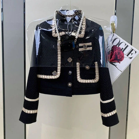 Women Coarse Tweed Blazers Coat Autumn Spring Suits Jacket OL Weave Cardigan Turn Down Collar Contrast Color Tops Abrigos