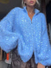 Women Sequined Fluffy Knit Cardigan Zip Up Stand Collar Loose Long Sleeve Sweater Jacket Autumn Party Casual Outerwear