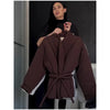 Casual Lace Up Solid Color Women's Coat V-neck Button Pocket Loose Cotton Jacket Autumn Winter Clothes Daily Wear