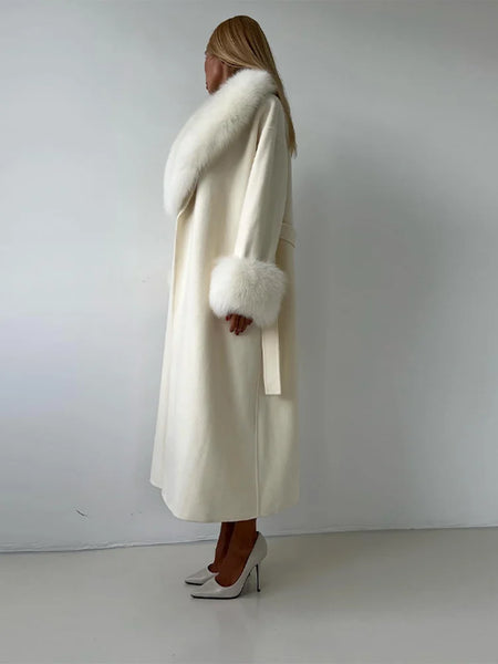 Lace-Up Long Overcoat Women's Coat Office Lady Elegant Woolen Furry Patchwork Long Sleeve Coats Loose Cardigan Jackets