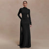 Solid Color Elegant High Neck Long Sleeve Ruched Ribbon Dress Women Bodycon Party Club Evening Dress Winter