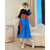Anmrem Tie Flower Design Women's Pleated Dress O-neck Long Sleeve Colorblock Patchwork Chic Beading Loose Famale Clothes 2DB5753