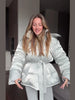 Shiny Belted Waist Jacket For Women Casual Detachable Hood Zipper Pockets Coat Lady Winter Chic Street Outerwear