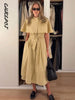 Lapel Cape Sleeve Lace Up Long Sleeve Women Elegant Epaulet Oversized Waist Cinching Pleated Shirt Dresses Chic Ladies Partywear