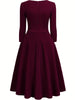 Women Elegant Square Neck 3/4 Sleeve Autumn Work Party Midi Dress Solid Color Zip Front Solid Business Casual Swing A-Line Dress