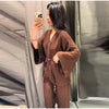 Casual Women Shirt Pant Set V-Neck Lace Up Loose Long Sleeve Top Wide Leg Trousers Suit Spring Autumn Chic Lady Outfits