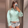 Cropped Tweed Jacket Women's Jacket Demi-Season Zip-Up Long Sleeve Top Mint Green Textured Outerwear Streetwear Coats