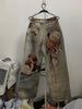 Autumn Winter Niche Design Print Contrast Color Loose Jeans For Women Straight Wide-leg Denim Pant 1A1517