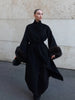 Lady Long Wool Blend Coat Stand Collar Faux Fur Cuffs Belted Waist Loose Oversized Maxi Wrap Outerwear Elegant Winter Overcoat