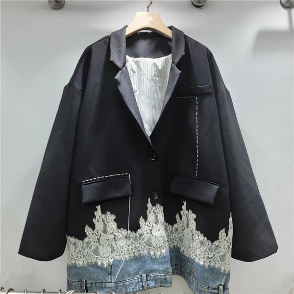 Spring Denim Patchwork Contrasting Color Lace Blazer Long-sleeved Women Oversize Loose Casual Suit