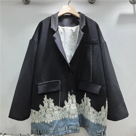 Spring Denim Patchwork Contrasting Color Lace Blazer Long-sleeved Women Oversize Loose Casual Suit