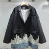 Spring Denim Patchwork Contrasting Color Lace Blazer Long-sleeved Women Oversize Loose Casual Suit