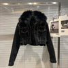 Real Fur Denim Jacket Women Autumn Fried Street Style Natural Fox Fur Collar + Rabbit Fur Liner Warm Rivet Short Jean Coat