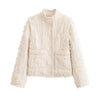 Women Tweed Jacket Stand Collar Fringe Tassel Textured Fabric Zip‑up Long Sleeve Pockets Cropped Coat Elegant Lady Outerwear