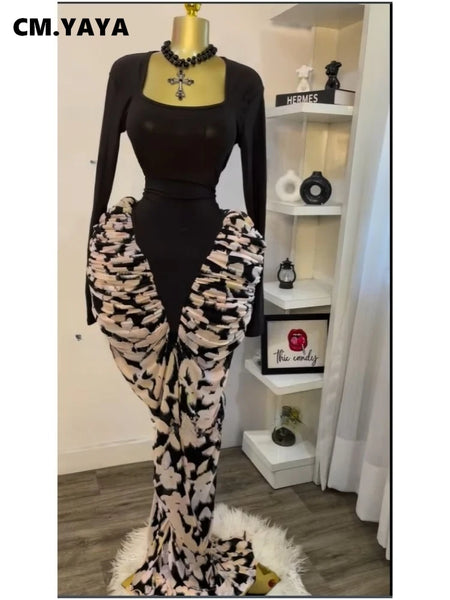 Women Print Patchwork Stacked Ruched Long Sleeve Bodycon Midi Maxi Long Dress Birthday Vacation Sexy Party Dresses