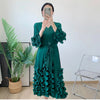 Spring Solid Pleated Dress Ruffle Edge V-Neck Long Sleeved with Belt Dresses Elegant Women's Clothing 6RG72391