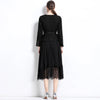 Elegant Women U Collar Long Sleeve Pleated Midi Dress Runway Spring Tweed Patchwork Chiffon Lace Trims Belt Party Vestidos