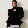 Sexy Hollow Out Puff Sleeves Top Women Chic Waist-cinching Single-breasted Shoulder Pad Short Coat Lady Solid Outwear