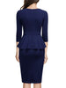 Women Vintage 2/3 Sleeve Crew Neck Zip Up Peplum Knee Length Cocktail Party Work Business Casual Sheath Bodycon Pencil Dress