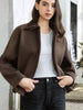 Brown Zipper Woolen Jacket For Women Elegant Lapel Long Sleeve Short Coats Vintage Autumn Lady Street Outerwear