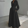 Women Autumn OL Work Dress Elegant Lapel Long Sleeve Office Dresses Solid Belted Robe Stylish A Line Party Vestidos