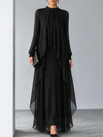 Elegant Layered Chiffon Maxi Dress for Women Stand Neck Sheer Long Sleeve Cascading Ruffle Flowy Hem Formal Evening Party Dress