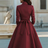 Women's High Waist Belted Stand Collar A-Line Party Dress Long Sleeves Buttoned Solid Color Evening Wedding Midi Dresses