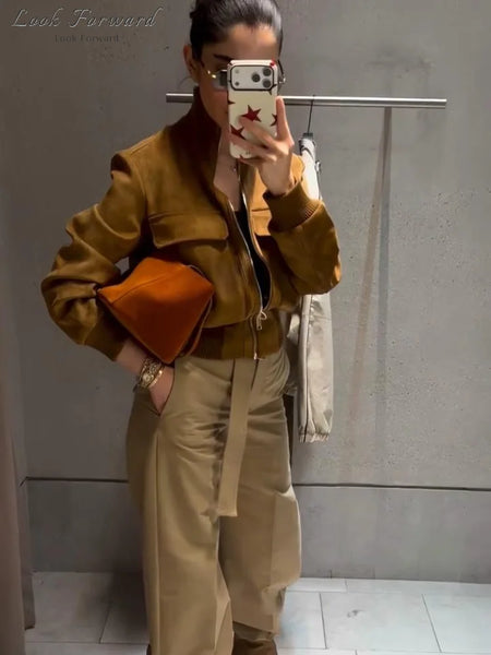 Vintage Faux Suede Jackets Women's Slim Full Sleeves Zipper Stand Collar Cropped Coats Ladies Autumn Solid Streetwear