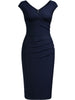 Women Vintage Cap Sleeve V-Neck Ruched Slim Knee Length Cocktail Party Wrap Sheath Bodycon Pencil Dress
