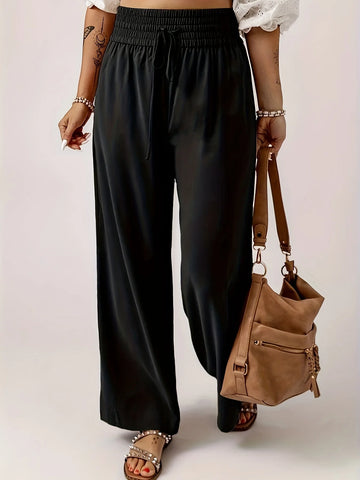 Plus Size Women Casual Wide Legs Pants Elegant Office Lady Loose Solid High Waist Trousers