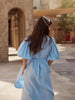 100% Cotton V-neck Waist Cinched Dress Unique Lantern Sleeve Sexy Slit Long Skirt Women's Casual Dresses