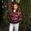 Chic Glossy Zipper Hooded Coat Women's Warm Elastic Waist Pleated Cropped Puffer Jacket Winter Lady High Street Outwear