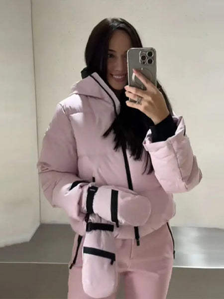 Women Hooded Zipper Short Skiing Cotton Jacket Long Sleeved Thick Warm Coat Comfortable Long Sports Pant Lady Ski Set