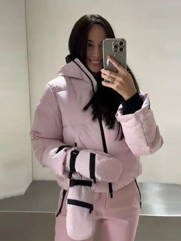 Women Hooded Zipper Short Skiing Cotton Jacket Long Sleeved Thick Warm Coat Comfortable Long Sports Pant Lady Ski Set