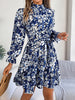 Elegant Mock Neck Belted Ruffle Hem Floral Print Dress For Spring & Fall, Women's Clothing