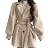 Women Woolen Coat Cinched-Waist Autumn Winter Tweed Sashes Lantern Sleeve Solid Color Coat Women's Clothing