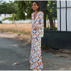 Geometric Printed Blazer Jacket Pants Sets Women Shoulder Pads V Neck Lace Up Full Sleeve Jackets Flare Pant Lady Outfit