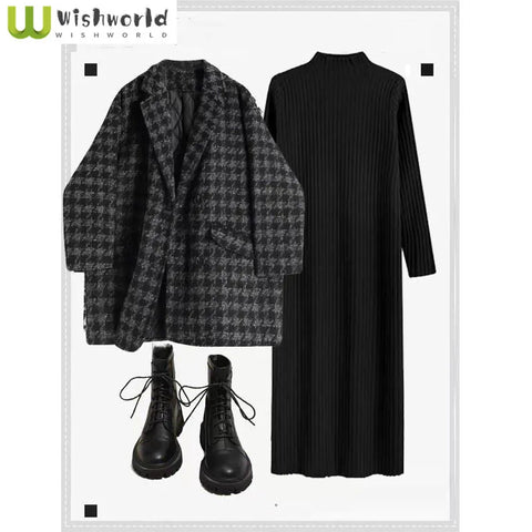 Autumn and Winter Women's Set Korean Checkered Jacket Paired with Slim and Loose Long Sleeved Knitted Dress Two-piece Set