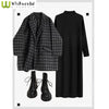 Autumn and Winter Women's Set Korean Checkered Jacket Paired with Slim and Loose Long Sleeved Knitted Dress Two-piece Set